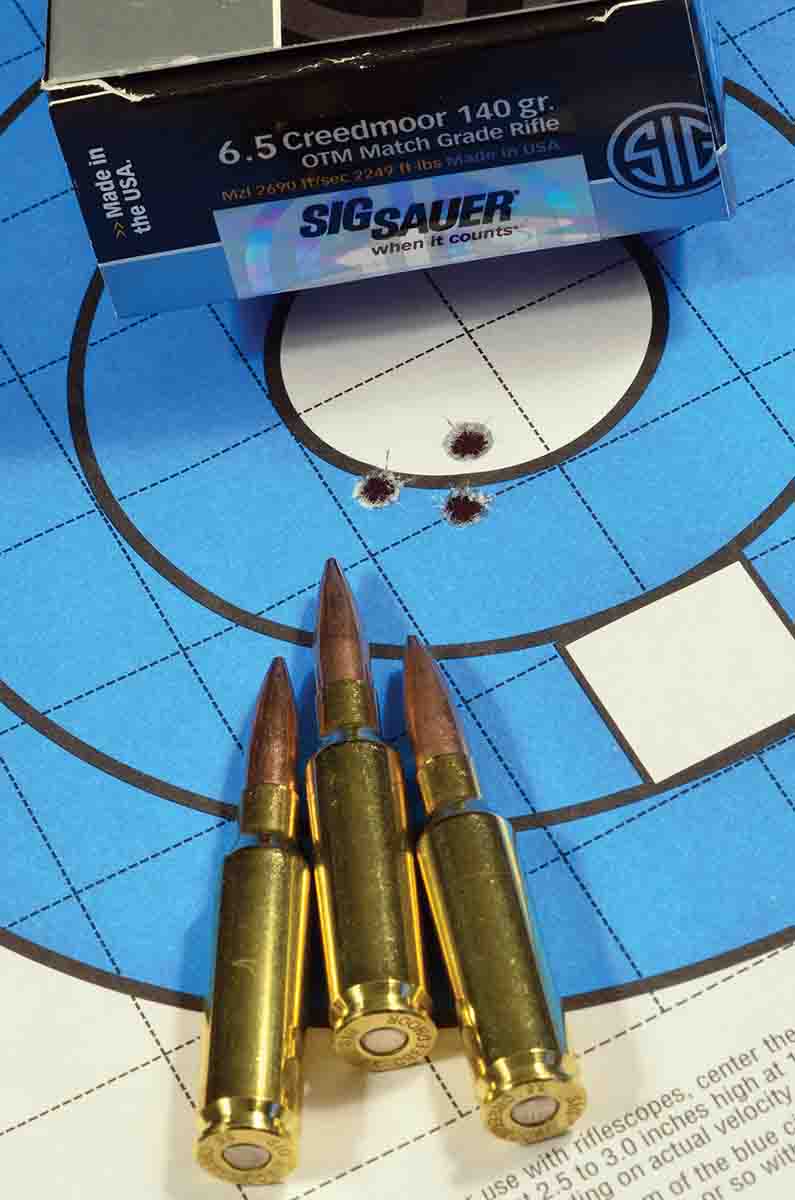 This three-shot group with SIG OTM 140-grain match ammunition shot from the Shaw rifle measured exactly .5 inch.
